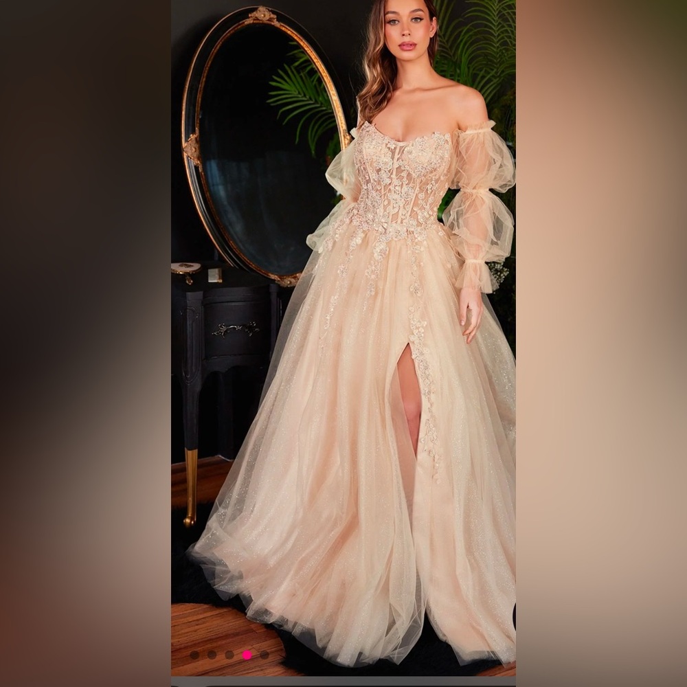 Strapless Prom Ball Gown with long removable sleeves, Size 2, champagne